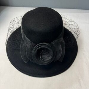 Black Fascinator Church Hat Netting Funeral Veil Ribbon Flower Formal Occasion